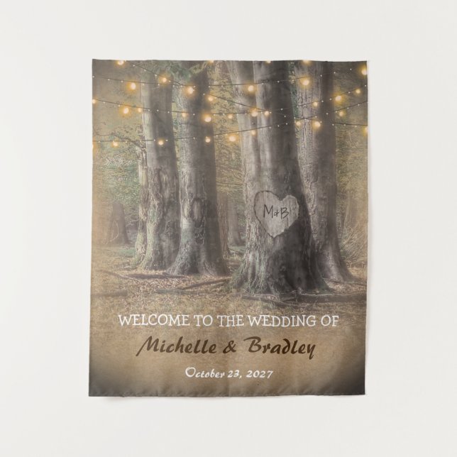 Tenture Mariage aux lumières rustiques d'arbre et de guirl (Devant)