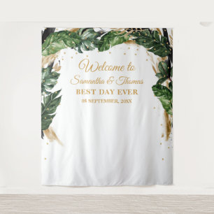 Tenture Mariage bohème tropical feuilles floral or