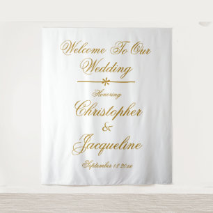 Tenture Mariage Elegant Blanc & Or Scripts Noms Chic