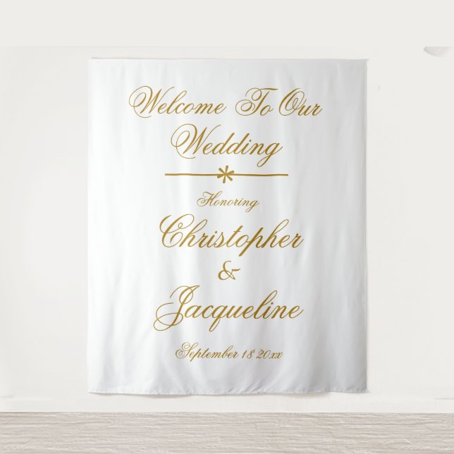 Tenture Mariage Elegant Blanc & Or Scripts Noms Chic (Devant)