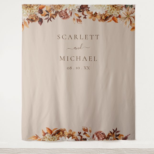 Tenture Mariage Elegant Feuillage (Elegant Autumn Copper  Leaves Floral Wedding Tapestry by Painted Paperie
)