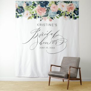 Tenture Mariage Élégant Rose Floral Bleu Script Lavage
