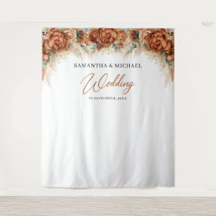 Tenture Mariage en terre cuite boho fleurs cuivre herbe de