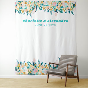 Tenture Mariage floral aquarelle bohème bleu sarcelle et o