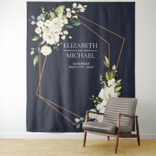 Tenture Mariage floral blanc blanc bleu cuivré géométrique
