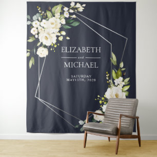 Tenture Mariage floral blanc blanc bleu marine géométrique