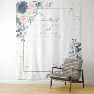 Tenture Mariage floral bleu pâle rose rose pâle