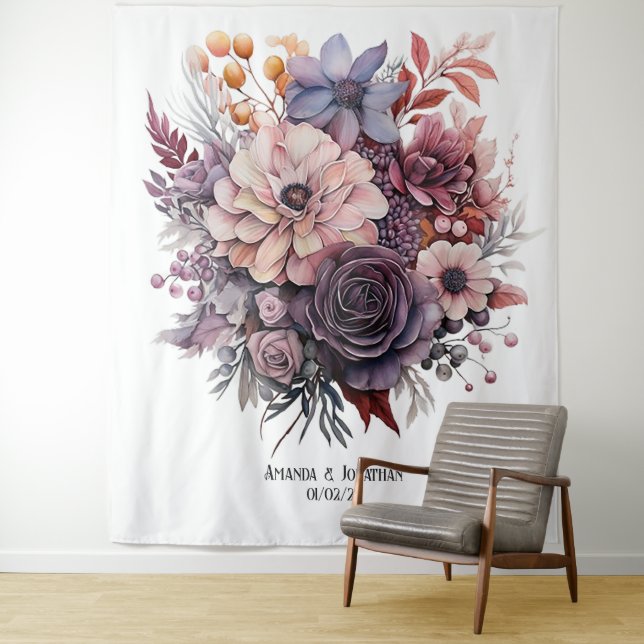 Tenture Mariage Floral Fuschia, Gris, Cuivre et Rose Pouss (En situation)