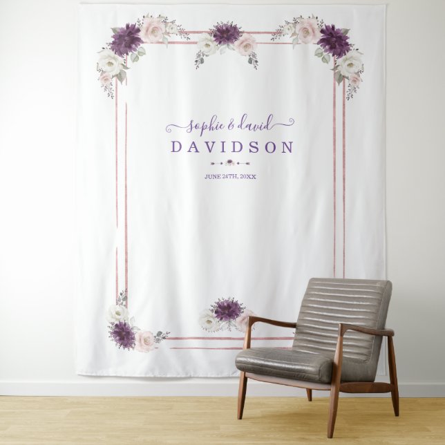 Tenture Mariage Floral Lavande Blush Photobooth Or (En situation)