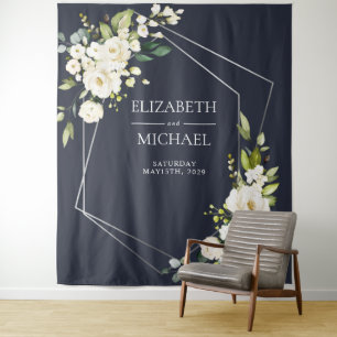 Tenture Mariage Géométrique Argent Bleu Nuit Floral Blanc