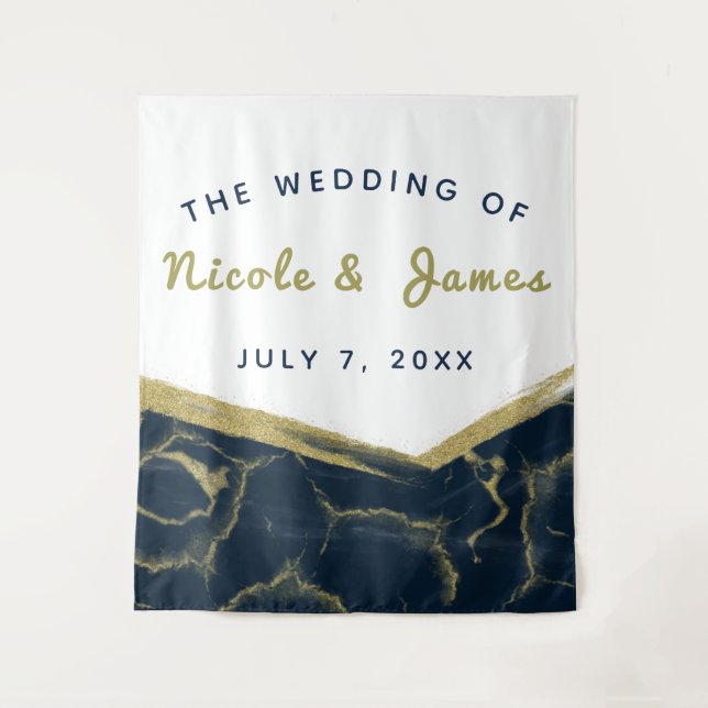 Tenture Mariage Moderne Chic Bleu Nuit Blanc Et Marbre Dor (Devant)