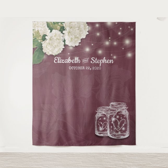 Tenture Mariage Photo Booth Backdrop Mason Jars Hydrangea (Devant)