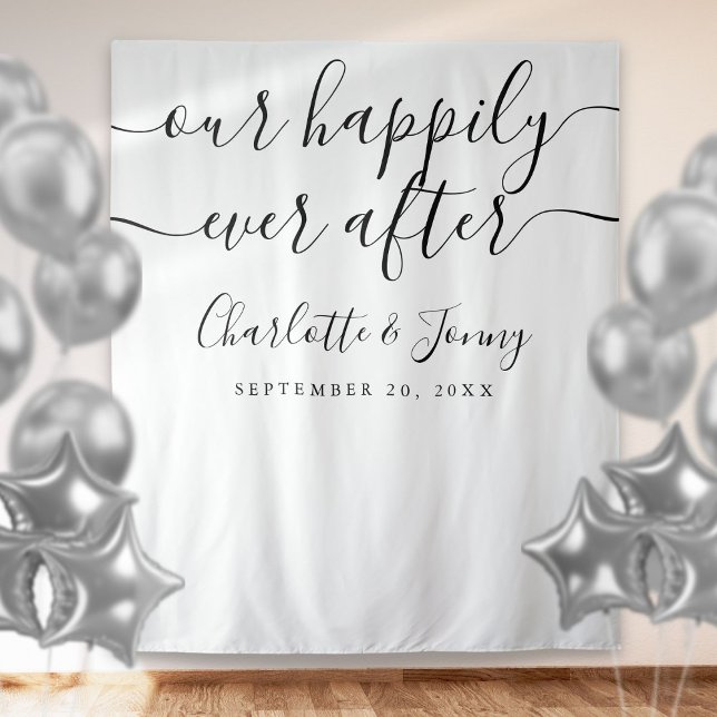Tenture Mariage Photo Booth Prop en noir et blanc (Black And White Script Wedding Photo Booth Prop Tapestry)