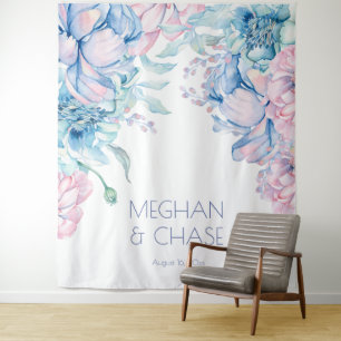 Tenture Mariage   Pivoines Bleu Ciel et Rose Bubble-Gum