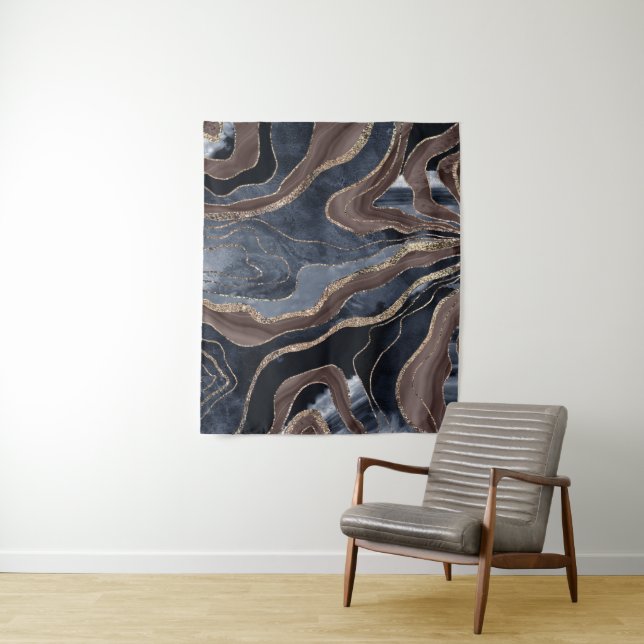 Tenture Marine Bleu Brown Marbre Agate Or Parties scintill (En situation)