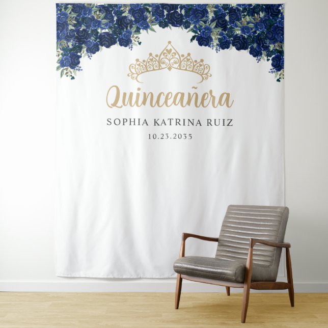 Tenture Marine Blue Gold Floral Quinceanera Fond photo (En situation)