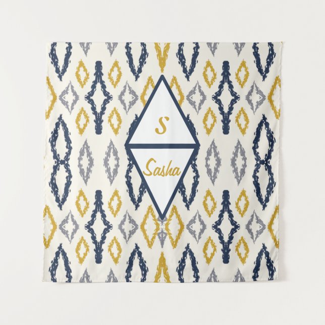 Tenture Marocain Ikat Bleu Jaune Blanc Personnalisé (Devant)