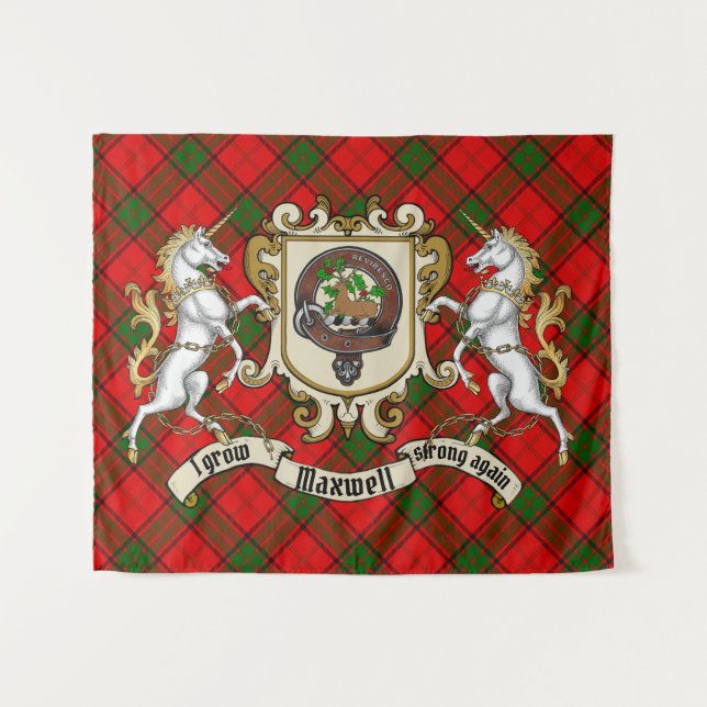 Tenture Maxwell Clan Badge & Unicorns avec Tartan (Devant (Horizontal))