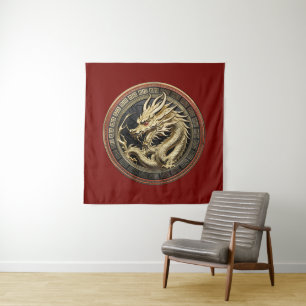 Tenture Médaillon de dragon sacré oriental en or