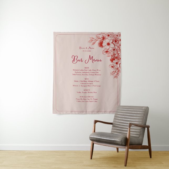 Tenture Menu de bar de mariage floral rouge rose (En situation)