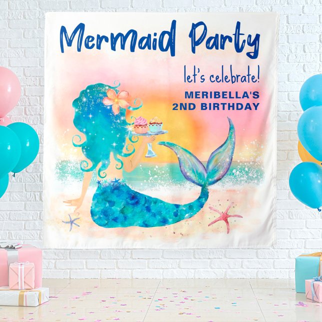 Tenture Mermaid Sea Beach Cupcakes Anniversaire Photo (Créateur téléchargé)