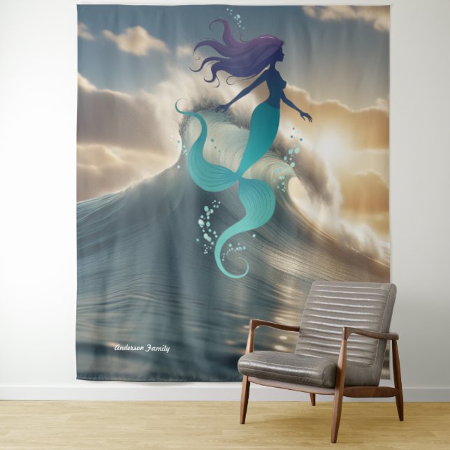 Tenture Mermaid Sunrise Ocean Personalized Tapestry (En situation)