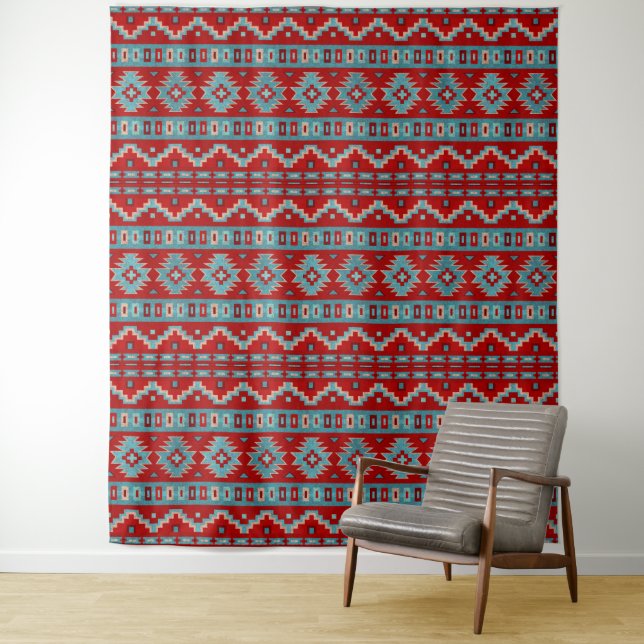 Tenture Mesas Sud-Ouest Turquoise & Rouge Design géométriq (En situation)