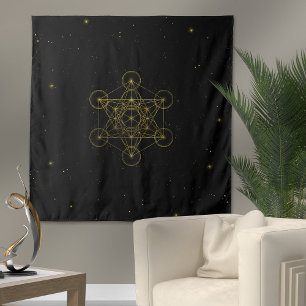 Tenture Métatron's Cube Sacred Geometry Noir et or