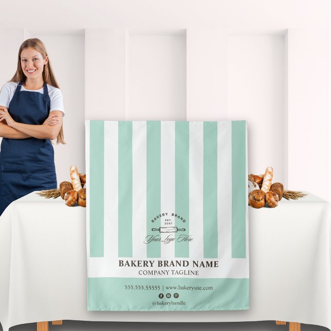 Tenture Mint French Stripes Bakery Logo Table Runner  (Créateur téléchargé)