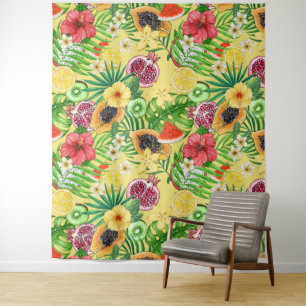 Tenture Mix-fruit tropical, fleurs et feuilles sur jaune