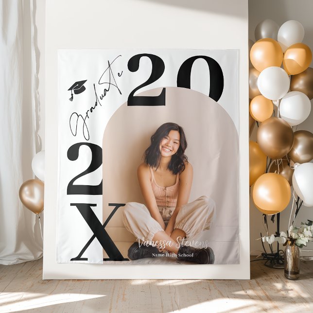 Tenture Modern Bold Black white Trendy photo graduation (Modern Bold Black white Trendy photo graduation Tapestry)