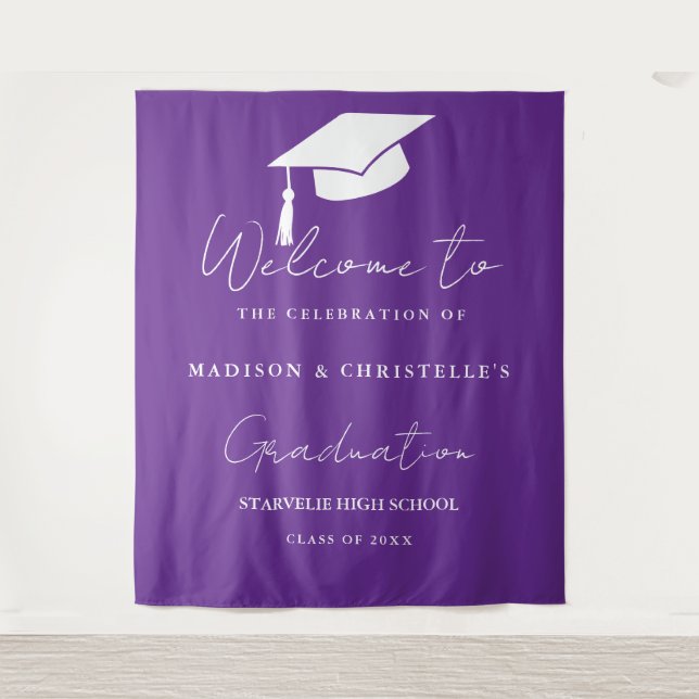 Tenture Modern Purple Script Twin Graduation Party Welcome (Devant)