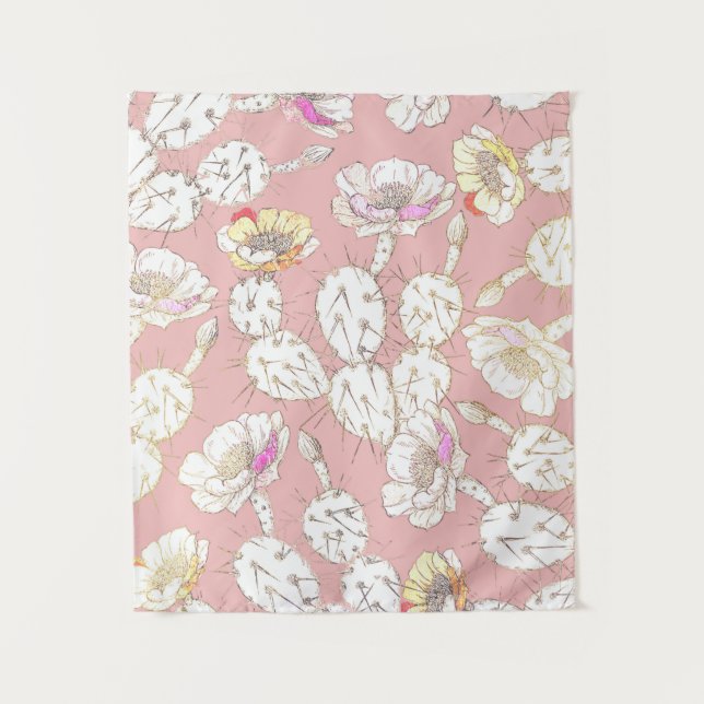 Tenture Moderne Blanc Or Blush Rose Catus Motif Floral (Devant)