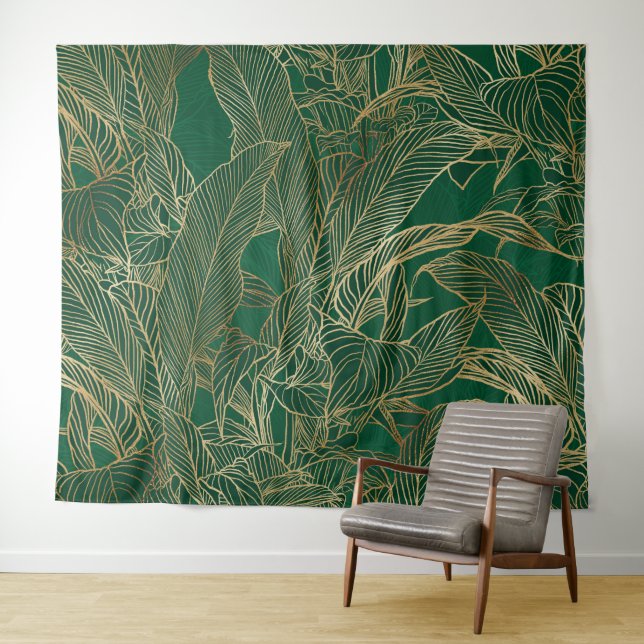 Tenture Moderne Green Gold Foliage Plante Design botanique (En situation (horizontale))