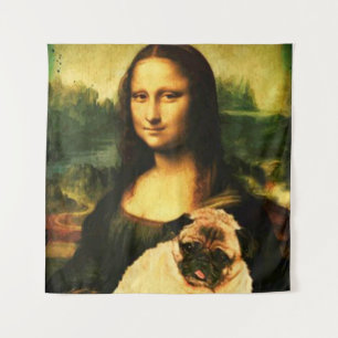 Tenture Mona Lisa tenant un carlin, animal de compagnie po