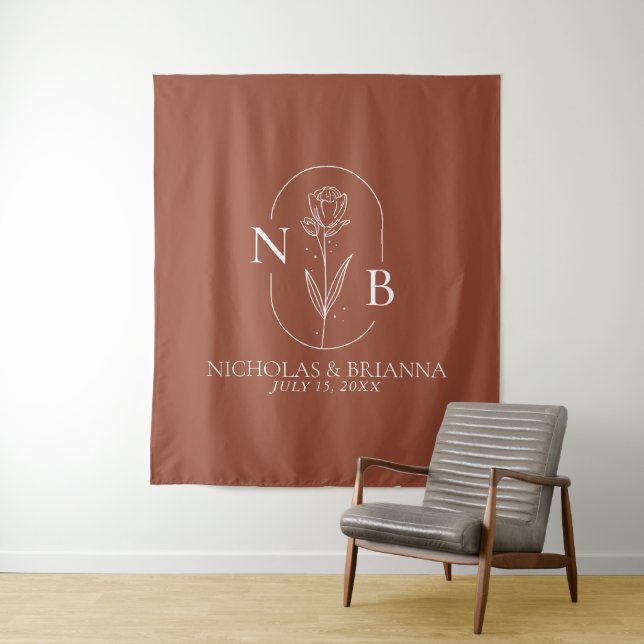 Tenture Monogramme Boho Terracotta Burnt Orange Mariage (En situation)