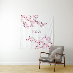Tenture Monogramme de fleurs de cerisier rose blanc