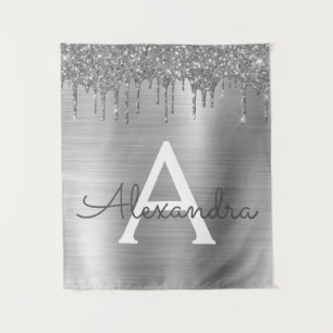 Tenture Monogramme Nom Métal Brossé Paillettes Argentées
