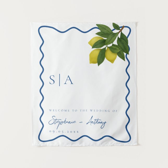 Tenture Monograms Lemon Citrus, Blue Wave Border Wedding   (Devant)