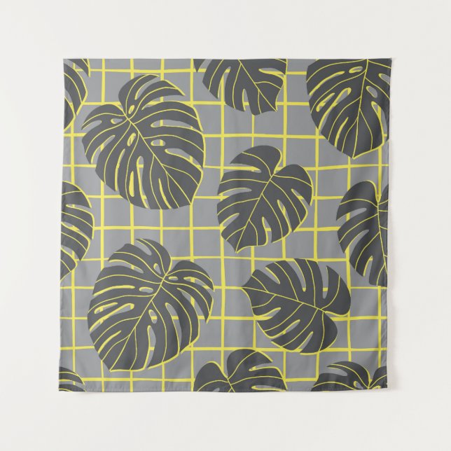 Tenture Monstera Feuilles : Jaune-Gris moderne Abstrait (Devant)