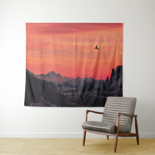 Tenture Montagnes Coucher de Soleil Orange Oiseau dans le
