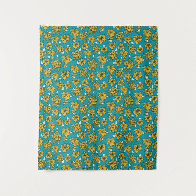 Tenture Motif Fleurs Turquoises jaunes (Devant)