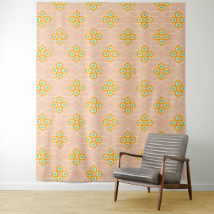 Tenture Motif floral hexagonal sur fond pêche
