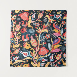 Tenture motif floral ornemental avec oiseaux sur fond noir
