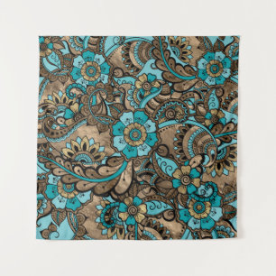 Tenture Motif Floral Paisley - turquoise et doré