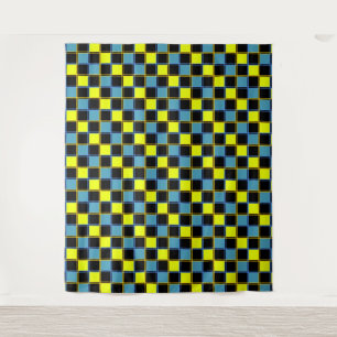 Tenture Motif géométrique à damiers bleu jaune