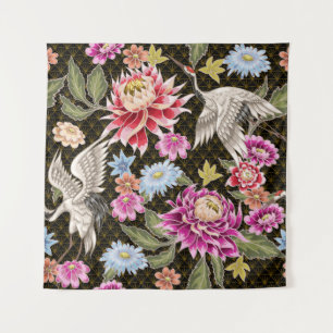 Tenture Motif japonais avec fleurs et grues blanches