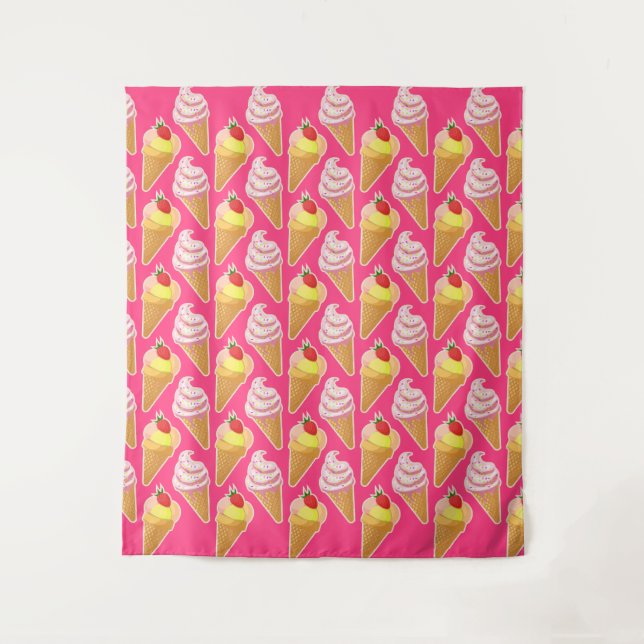 Tenture Motif rose Kawaii avec crème glacée aux fraises (Devant)