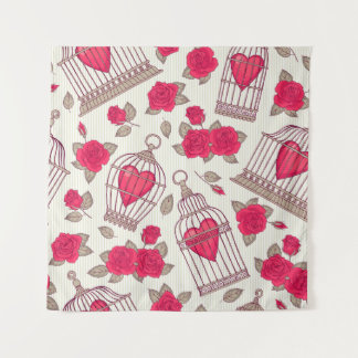 Tenture Motif sans couture avec fleurs et cages à oiseaux.