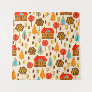 Tenture Motif sans couture avec maisons dans la forêt. Vin